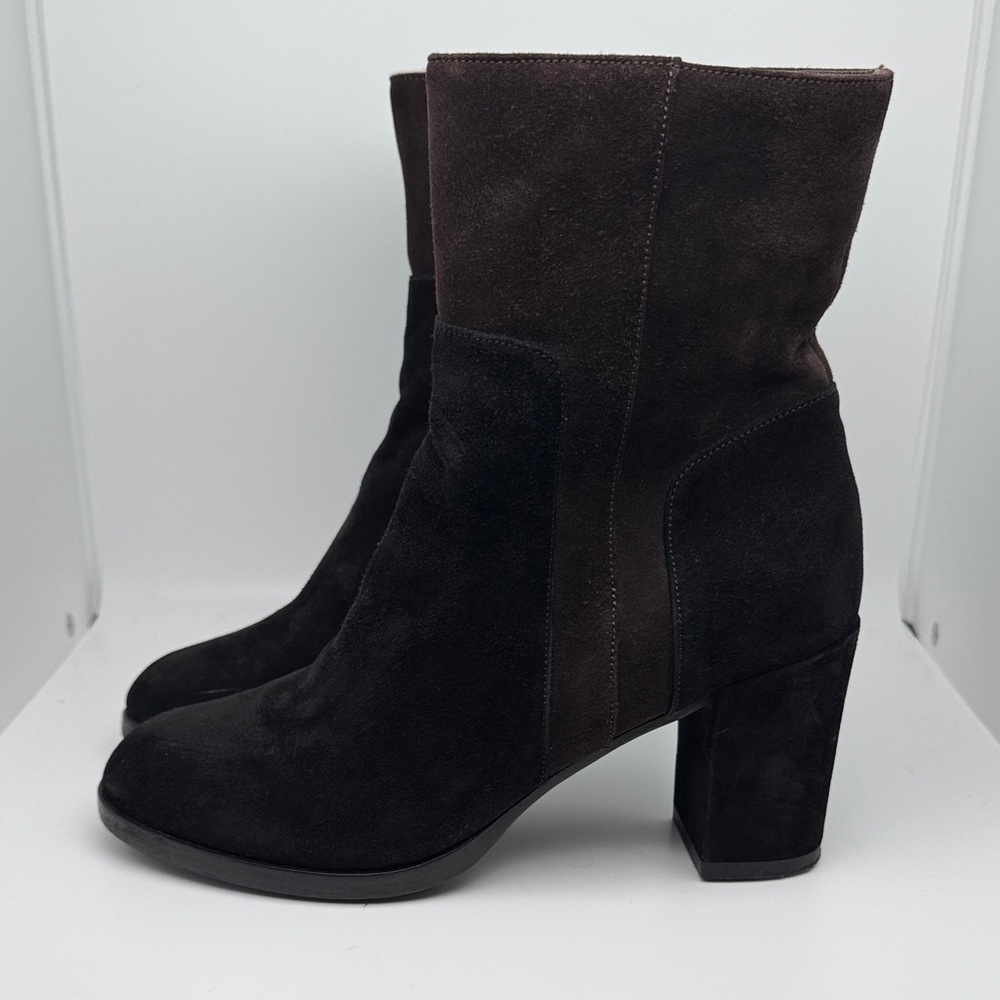 Aquatalia Suede‎ Brown Black Ankle Block Heel Zipper Closure Bootie Size 7
